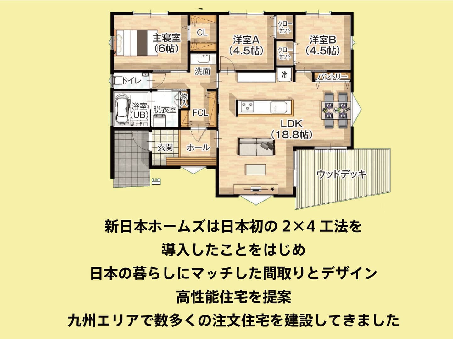 新日本ホームズは日本初の2×4工法を 導入したことをはじめ 日本の暮らしにマッチした間取りとデザイン 高性能住宅を提案 九州エリアで数多くの注文住宅を建設してきました。 家事らくの家は これまでの 注文住宅を建てる中で お客様の声に答えた 生活導線を実現！家に長くいる奥様やお子様が 暮らしやすいだけではなく注文住宅品質を 建売価格で実現した高コスパ住宅です！